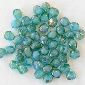 4mm Firepolished Glass Beads - Czech Glass Beads - Aqua Mix with Silver Dust - 50 Beads