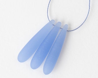 Long Sea Glass Teardrop Beads - Top Drilled Sea Glass Beads For Jewelry Making - Frosted Glass Beads - Baby Blue - 4 pcs. (37x8mm)