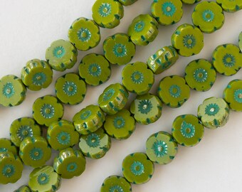 9mm Glass Flower Beads - Czech Glass Beads - Opaque Green with Metallic Turquoise Center  - 20 beads