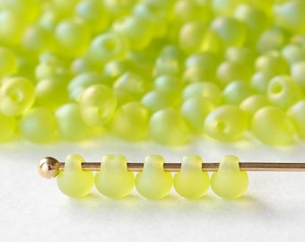 3.4mm Glass Magatama Teardrops - Japanese Glass Beads - Matte Yellow Green AB - 20 grams