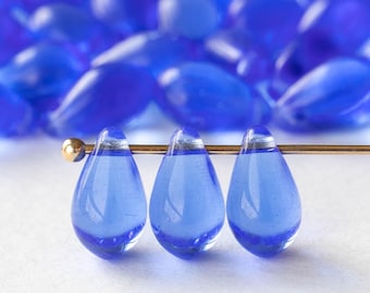 50 perline di vetro a forma di goccia da 6 x 9 mm - Perline di vetro ceche - Blu zaffiro trasparente - 50 perline