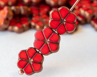 10 - 10mm Czech Flower Beads - 10mm Forget-Me-Not Flower Beads - Table Cut Beads - Red with Bronze Wash - 10 Beads