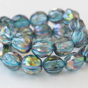 10mm Faceted Melon Beads - 10mm Round Beads - Czech Glass Beads -Metallic Turquoise Blue AB - 12 Beads