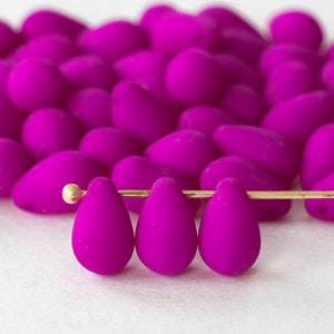 6x9mm Teardrop Beads For Jewelry Making - Czech Glass Beads - Terra Intensive Beads - Frosted Teardrops - Hot Pink Magenta -  25 beads