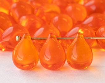 12 or 24 - 10x14mm Teardrop Beads - Jewelry Making Supply - Large Glass Teardrop - Orange Hyacinth - Choose Amount