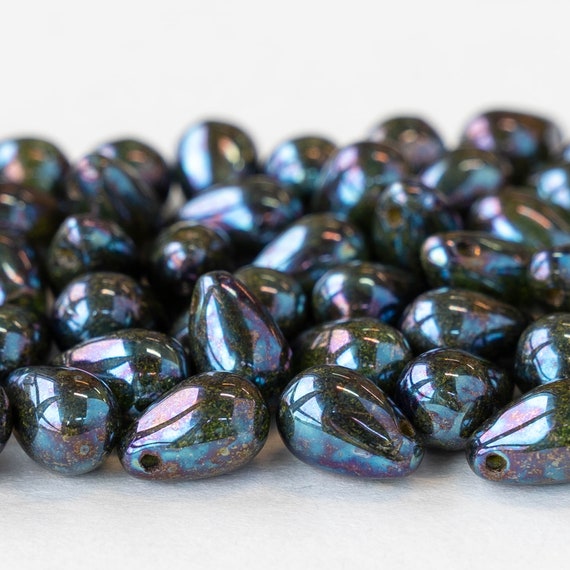 6x9mm Smooth Glass Teardrop Beads Czech Glass Tear Drop Black Iridescent  Iris 30 Beads Smooth Briolette Beads 