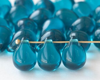 10x14mm Teardrop Beads For Jewelry Making Supply - Large Glass Teardrop - Smooth Briolette - Transparent Teal Glass Beads - Choose Amount