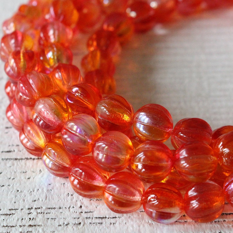 Czech Glass Beads 8mm Round Beads Fluted Glass Beads 8mm Melon Beads For Jewelry Making 30 pieces - Orange Hyacinth Luster AB