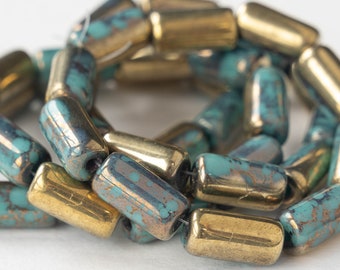 14mm Tube Bead - Czech Glass Beads - Glass Tube Beads For Jewelry Making - Opaque Turquoise with a Gold Finish