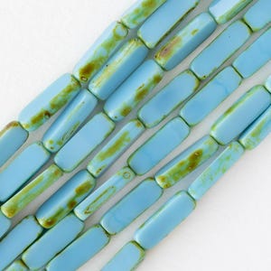 15mm Table Cut Rectangle Beads - Opaque Czech Glass Beads - 5x15mm Rectangle - Baby Blue Picasso - 14 Beads