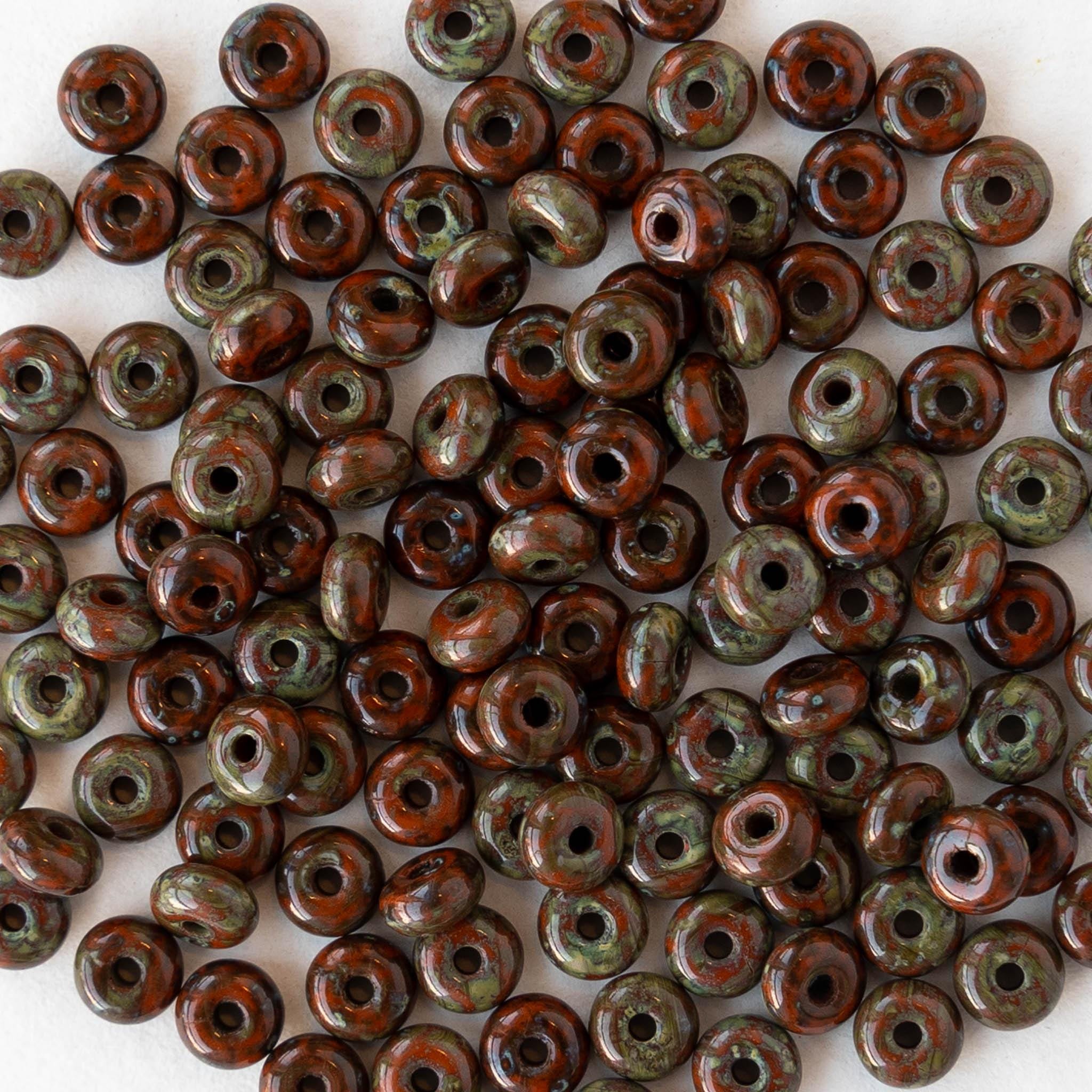 100 - 4mm Glass Rondelle Beads - Czech Glass Beads - Opaque Red Picasso - 100 Beads