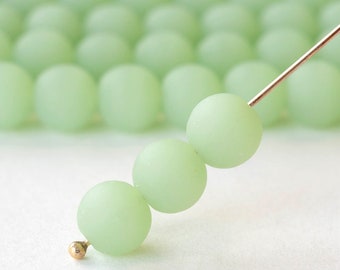 10mm Round Sea Glass Beads For Jewelry Making - Frosted Glass Beads - 8 Inch Strand - Opaque Celadon Green - 21 Beads