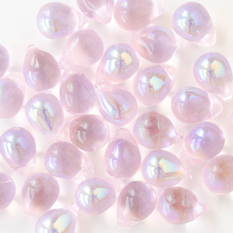 12 or 24 10x14mm Glass Teardrop Beads Czech Glass Beads Aurora Borealis Pink AB Choose Amount image 3