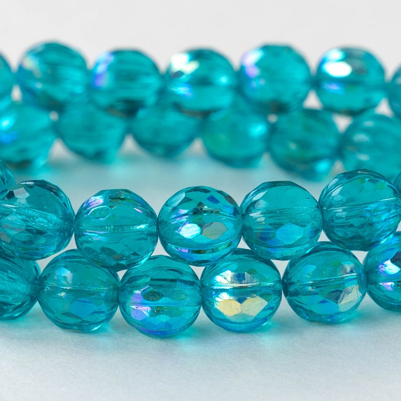 20 8mm Faceted Round Melon Beads Teal with AB 20 beads image 2