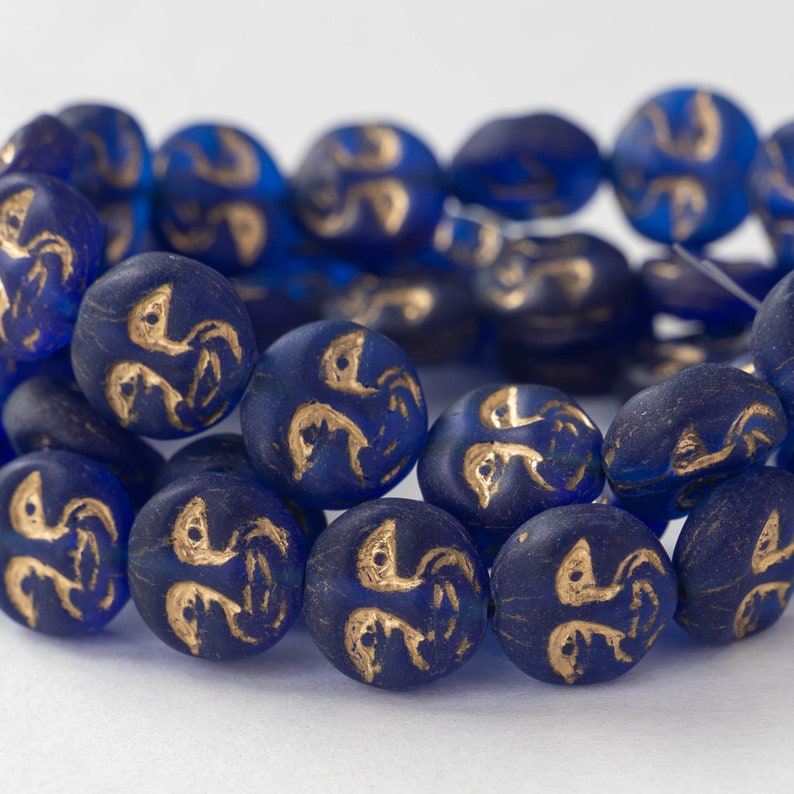 15 13mm Glass Moon Coin Czech Glass Beads Navy Blue with Gold Wash 15 beads image 2