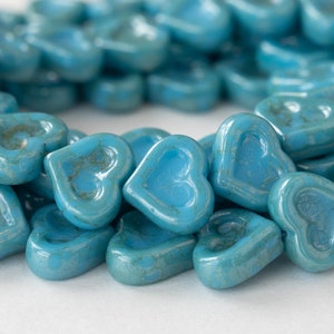 10 14mm Glass Heart Beads Czech Glass Beads 14mm Heart Turquoise with an Aqua Blue Wash 10 beads image 2