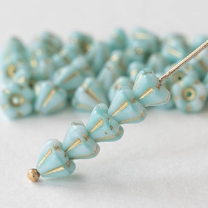 30 - 4x6mm Bell Flower Beads - Czech Glass Beads - Lt Aqua with Gold Wash  - 30 bead