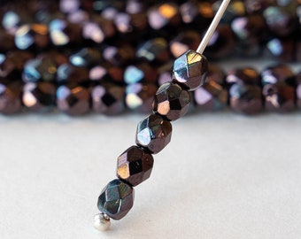 4mm Round  Firepolished Beads For Jewelry making - Czech Beads - Metallic Amethyst Purple Luster - 50 Beads