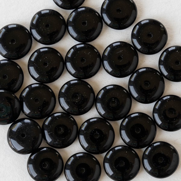 30 - 10mm Smooth Rondelle Beads - Czech Glass Beads - Disk Beads - Opaque Black - 30 beads