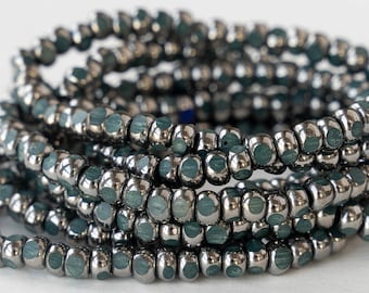 Size 6/0 - 3 Cut Aged Picasso Seed Beads For Jewelry Making - Trica Beads - Dark Opaque Teal with Silver Finish - 25 beads