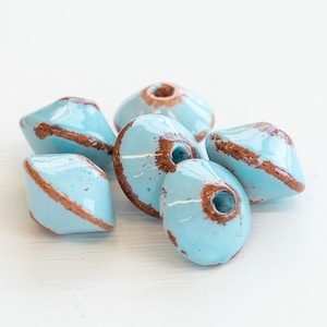 Large 17mm Ceramic Bi-cone from Mykonos Greece - Large Hole - Beads For Jewelry - Baby Blue with Tera Cotta - Choose Amount