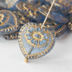 17mm Heart For Jewelry  Making - Victorian Glass Heart Bead - Valentines Day Heart - Blue with Gold Wash - 4 or 12 beads