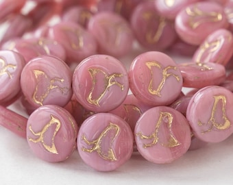 12mm Czech Glass Bird Beads - Glass Coin Beads - Czech Glass Beads For Jewelry Making - Pink Silk with Gold Wash - 15 beads