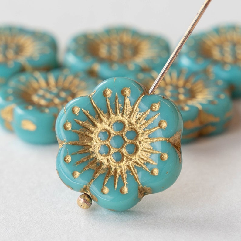 18mm Anemone Beads Czech Flower Beads Jewelry Making Supply 18mm Hawaiian Flower Opaque Turquoise With Gold Decor Choose Amount image 1