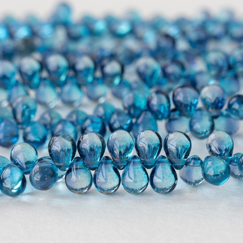 75 7x5mm Glass Teardrop Beads Jewelry Making Supplies Tear Drop Beads 5x7mm 75 pieces Azure Blue Smooth Briolette Beads image 3