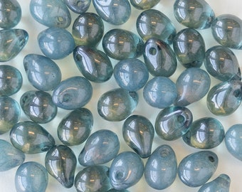 5x7mm Teardrop Beads - Czech Glass Beads For Jewelry Making - Smooth Teardrops - Denim Blue Luster 5x7 Teardrops (50 Beads)