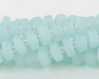 72 - Recycled Sea Glass Heishi Beads - Cultured Sea Glass Beads - Jewelry Making Supply - Frosted Glass - 9x3mm - Opaque Light Aqua