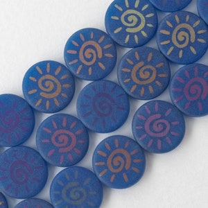 14 Coin Bead - Czech Glass Beads - Laser Tattoo Bead - Spiral Design -  Periwinkle Blue Matte  - 8 beads