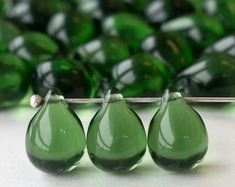 10x14mm Teardrop Beads  - Czech Glass Beads For Jewelry Making - Large Glass Teardrop - Sage Green - Choose Amount