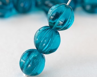 10mm Melon Bead For Jewelry Making - Czech Glass Beads - Fluted Round Bead (20 pieces)  Teal