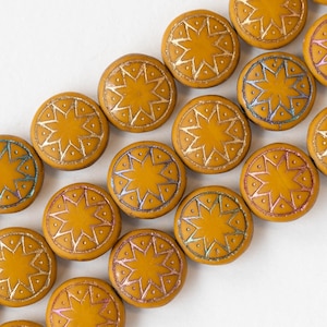 Star Of Ishtar Beads -  Czech Glass Beads - Czech Glass Coin Beads - 13mm Glass Coin - Opaque Ochre with Metallic Wash - 6 beads