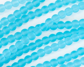 16 Inches - 5mm Round Sea Glass Beads For Jewelry Making Supply - Recycled Glass Beads - Frosted Glass Beads - Aqua