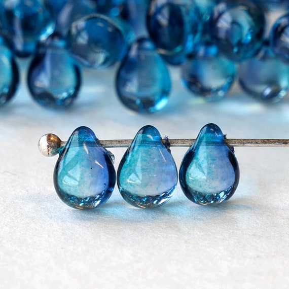 75 7x5mm Glass Teardrop Beads Jewelry Making Supplies Tear Drop Beads 5x7mm  75 Pieces Azure Blue Smooth Briolette Beads 