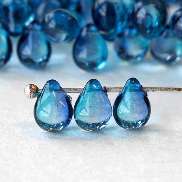 75 - 7x5mm Glass Teardrop Beads - Jewelry Making Supplies - Tear Drop Beads 5x7mm (75 pieces) Azure Blue - Smooth Briolette Beads
