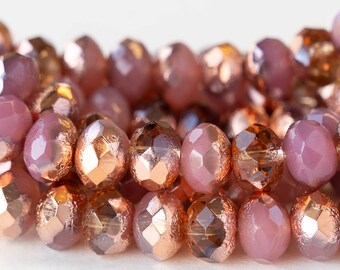 25 - 6x9mm Rondelles - Pink Opaline with Copper - Czech glass beads - 25