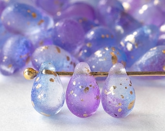 50 - 6x9mm Teardrop Beads For Jewelry Making - Czech Glass Beads - Smooth Briolette - Matte Lavender Blue Mix with Gold Dust - 50 beads