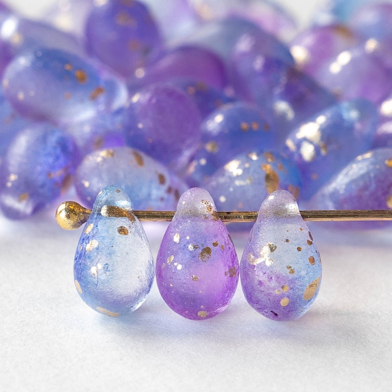 50 6x9mm Teardrop Beads For Jewelry Making Czech Glass Beads Smooth Briolette Matte Lavender Blue Mix with Gold Dust 50 beads image 1