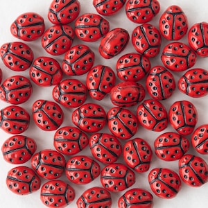 9mm Glass Ladybug Beads - Czech Glass Beads -  Red with Black Wash - 20 beads