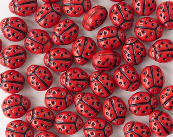 9mm Glass Ladybug Beads - Czech Glass Beads -  Red with Black Wash - 20 beads