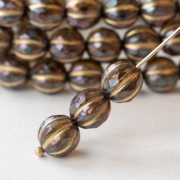 10 - 8mm Faceted Melon Beads - Czech Glass Beads - Iridescent Amber with Bronze Luster Gold Wash - 10 beads
