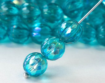 20 - 8mm Faceted Round Melon Beads - Teal with AB  - 20 beads