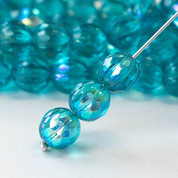 20 - 8mm Faceted Round Melon Beads - Teal with AB  - 20 beads