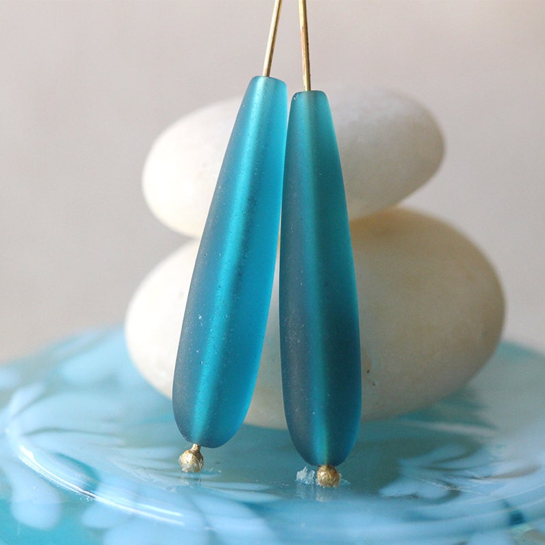 10 Teardrops Cultured Sea Glass Beads Long Drill Teardrop Beads For Jewelry Making TEAL Frosted Beads 38x8mm image 6