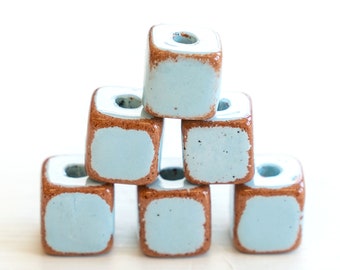 9mm Ceramic Cube Beads from Mykonos Greece - Large Hole - Beads For Jewelry - Baby Blue with Tera Cotta - Choose Amount