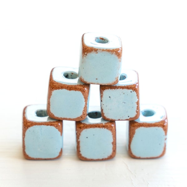 9mm Ceramic Cube Beads from Mykonos Greece - Large Hole - Beads For Jewelry - Baby Blue with Tera Cotta - Choose Amount