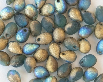 50 beads - 5x7mm Glass Teardrop Beads - Teal Blue and Gold Etched - Czech Glass Beads - 50 Beads